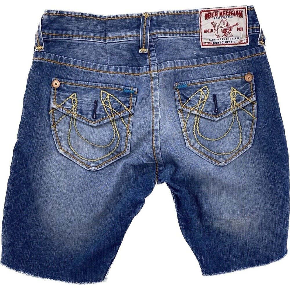True Religion Mens Ricky Giant Big T Cut Off Jean Shorts Denim Size 30 Made USA